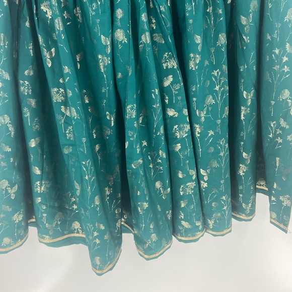 Janasya 2 Peice set teal green tunic & flare bell bottoms gold metallic florals - Picture 9 of 16